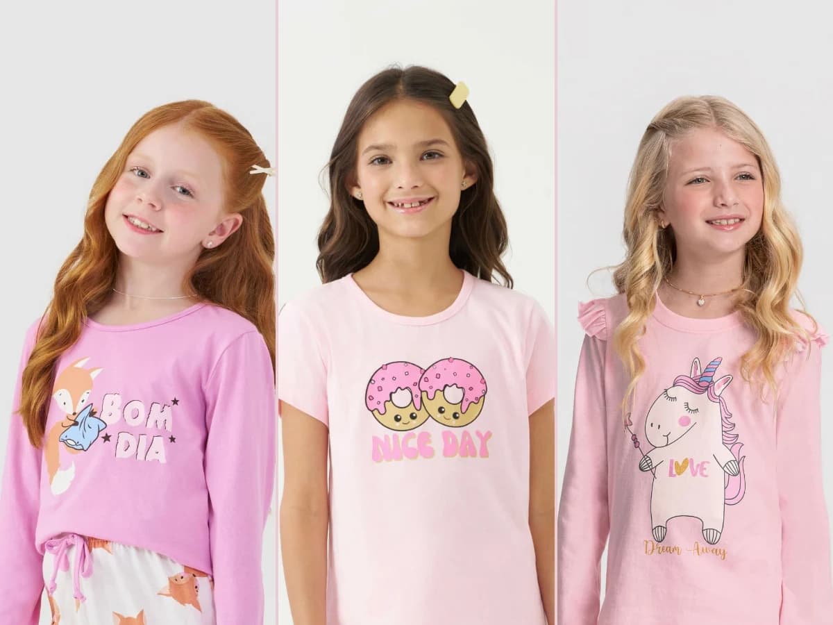 Três meninas sorrindo vestindo pijamas infantis da Olá Pijamas