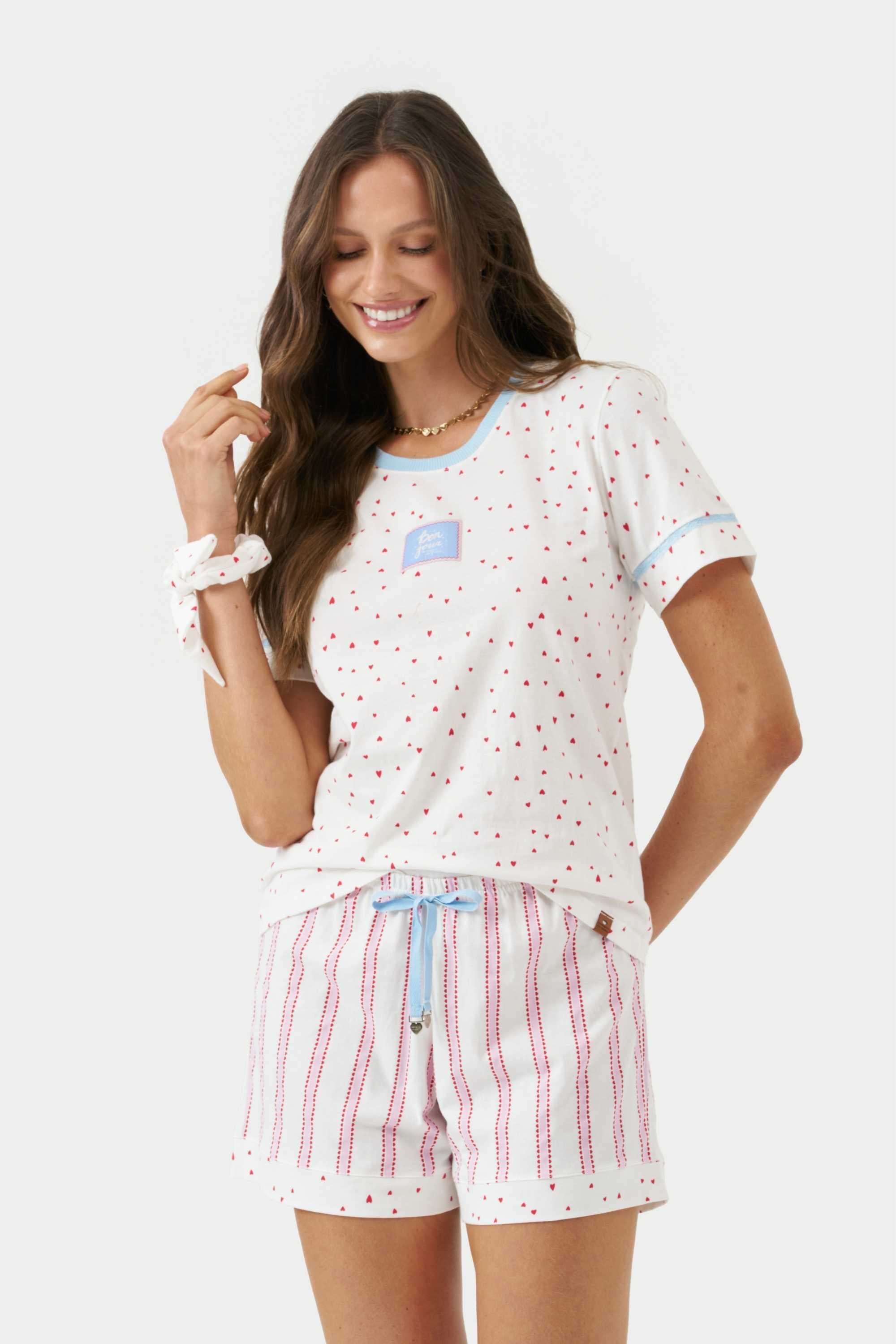 Pijama Feminino Manga Curta Coordenado Bonjour 100% Algodão