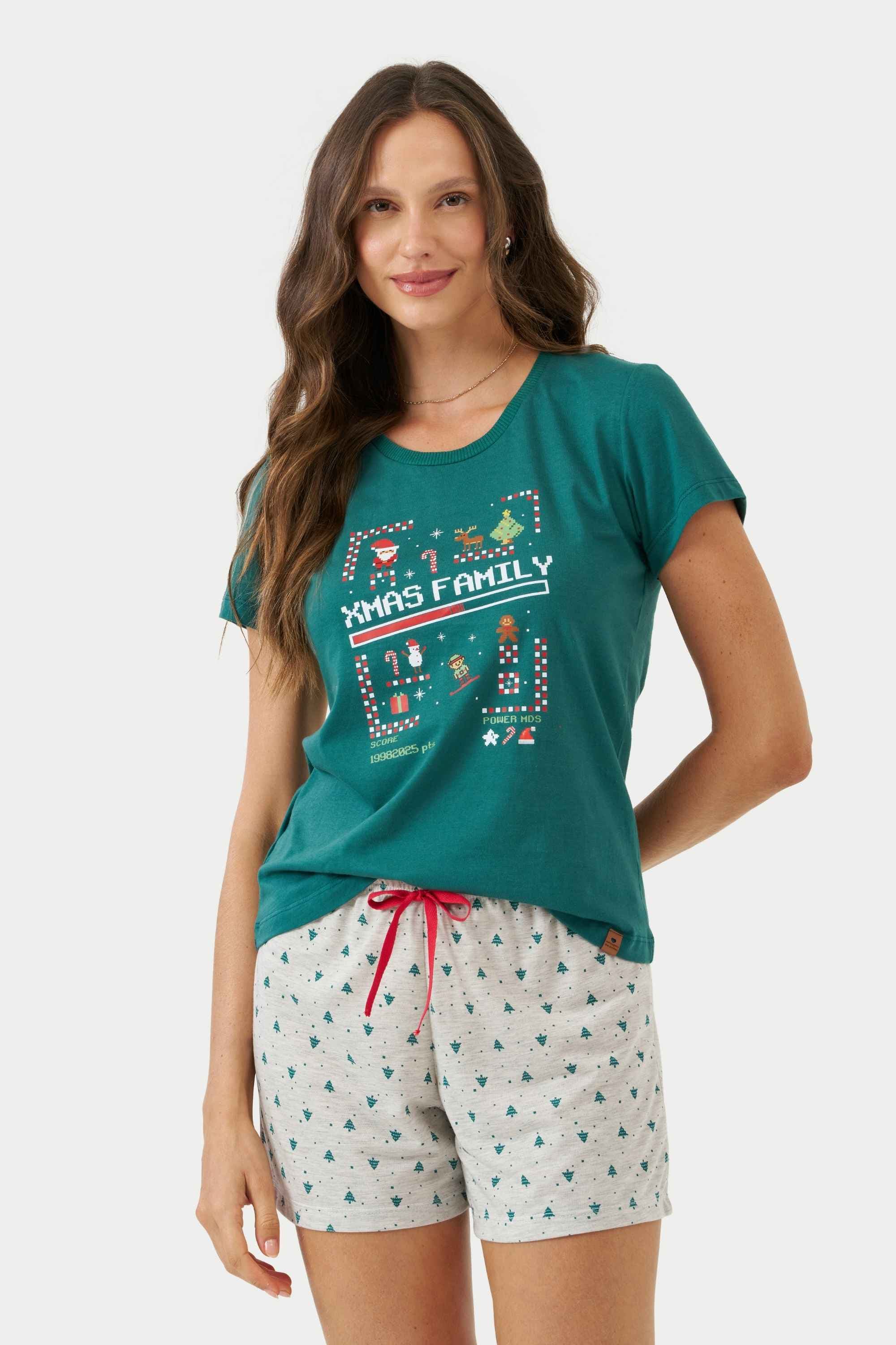Pijama Curto Feminino Coordenado Missão Natal