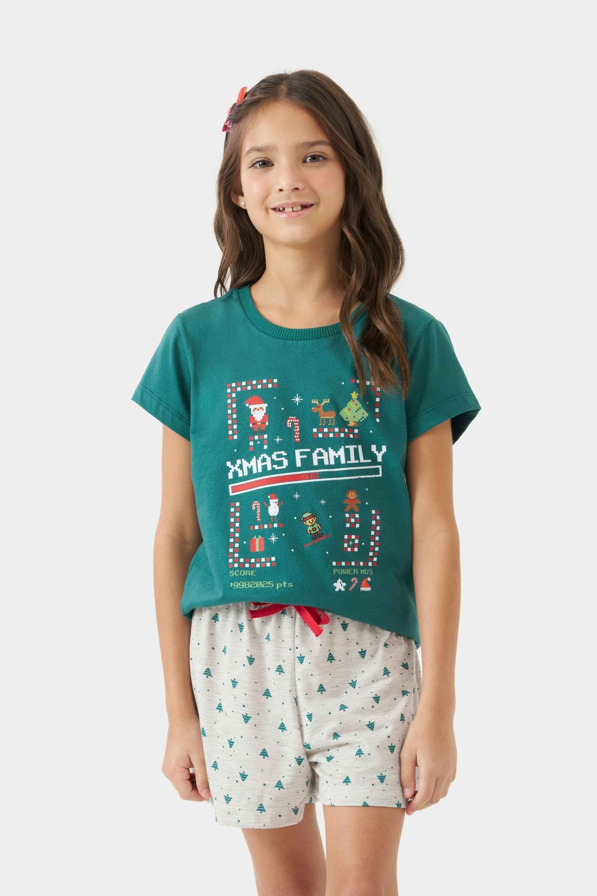 Pijama Curto Infantil Feminino Coordenado Missão Natal