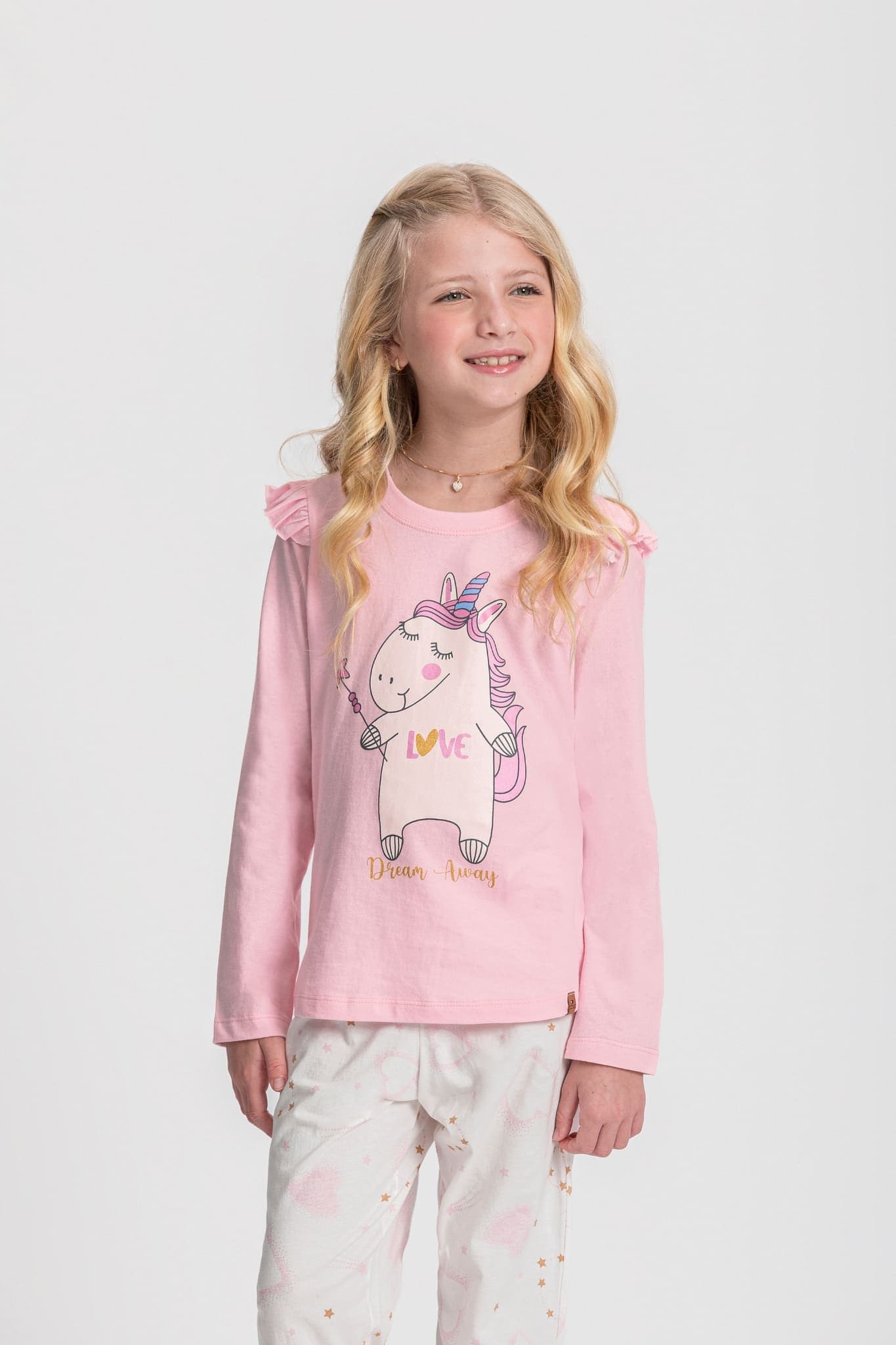Pijama Manga Longa Infantil Feminino Rosa Estampa de Unicórnio